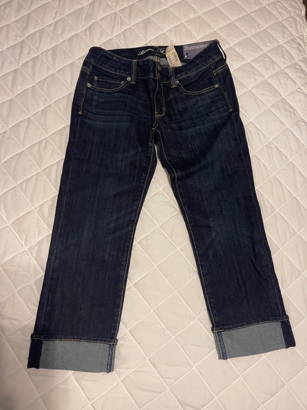 American Eagle Outfitters Dark Blue Boyfriend Jeans with Cuffed Hem